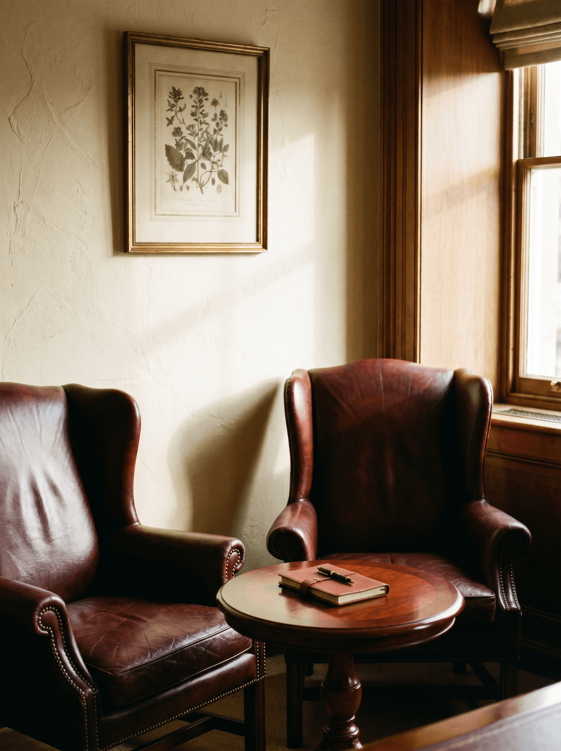 Two oxblood wingback chairs in a private consultation room