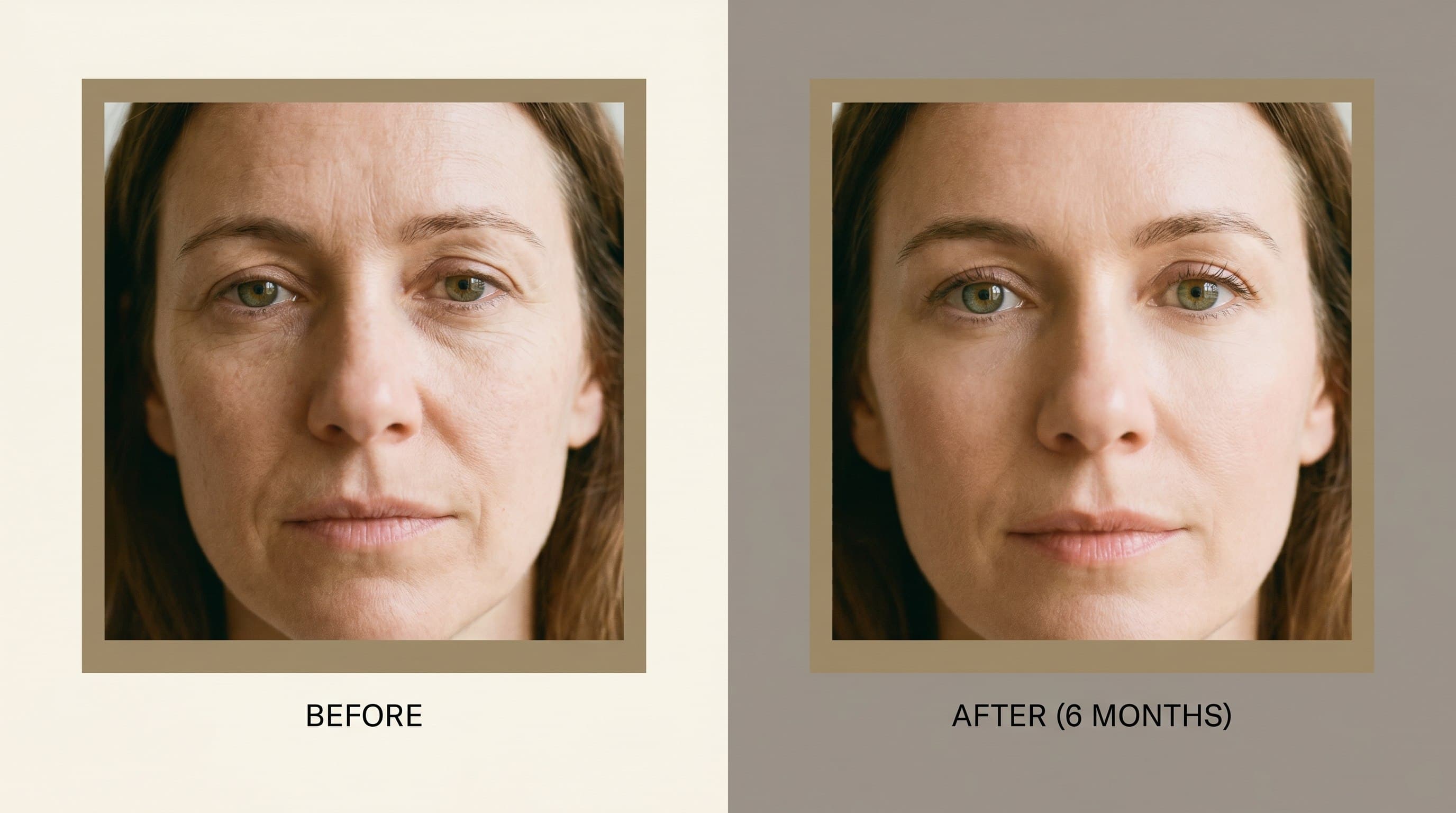 Eyelid surgery patient, eye area photographed before and six months after surgery
