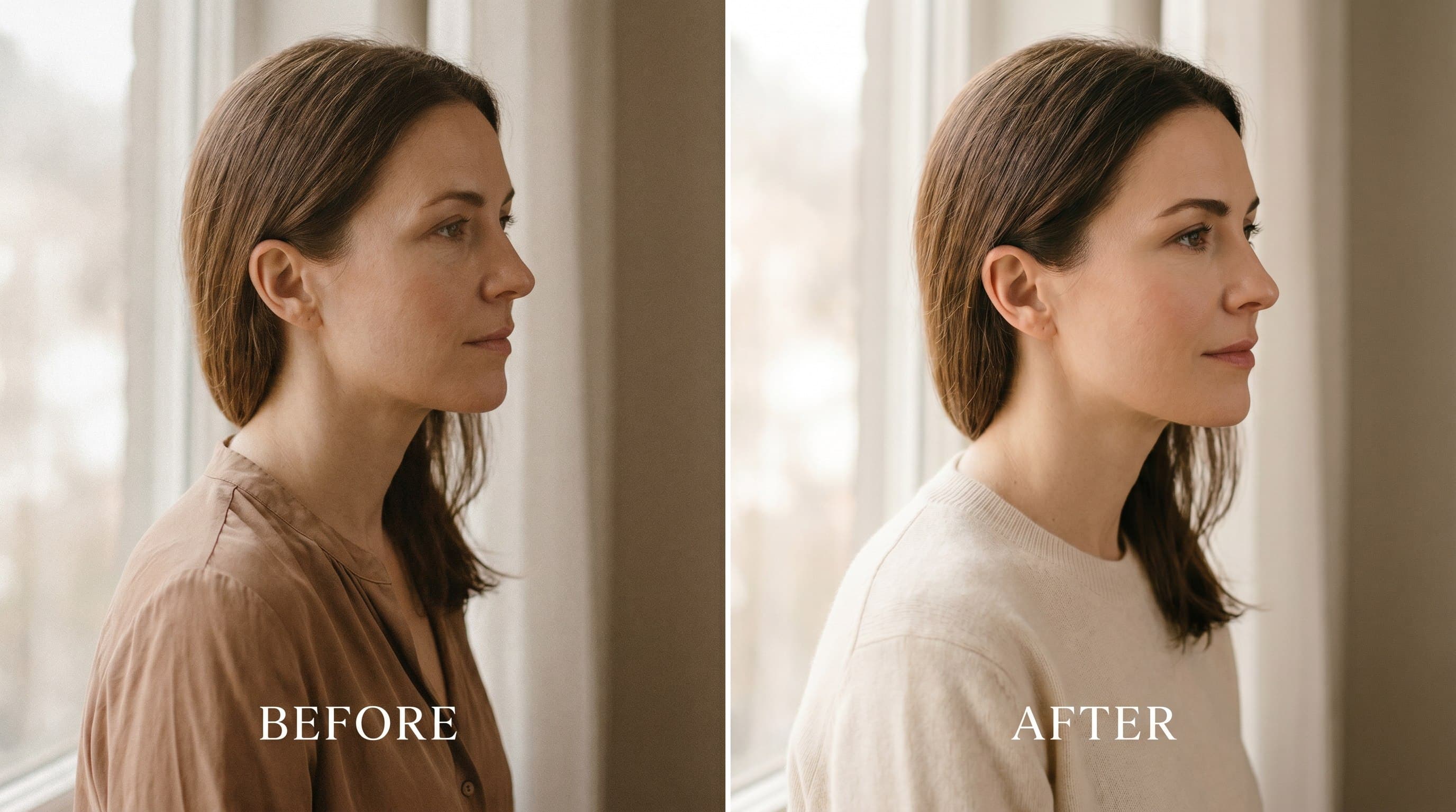 Rhinoplasty patient, photographed in profile before and six months after surgery